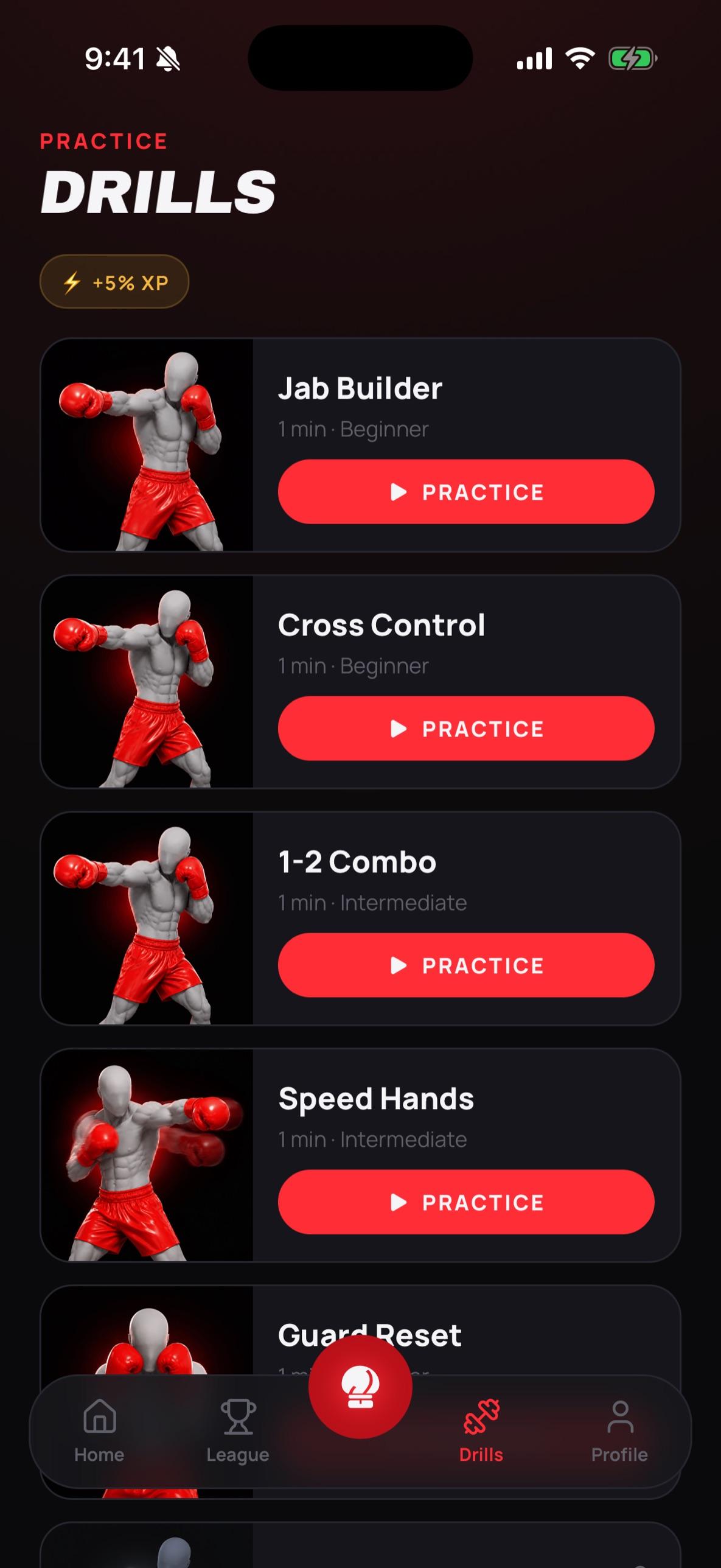 Tela da biblioteca de exercícios do Boxmaxxing